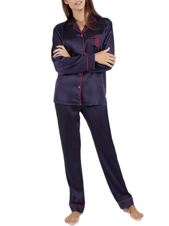54156AD Pyjama satin loungewear shirt and trousers Classic Admas Navy Blue face