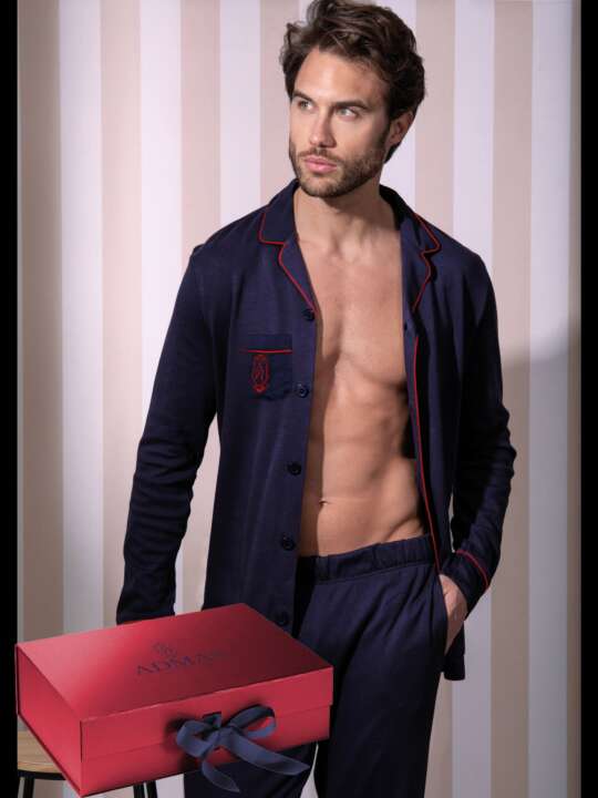 54750AD Satin pyjamas trousers shirt Classic Admas Navy Blue face