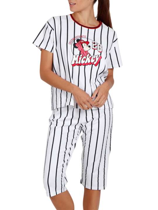 55084AD Pyjama pantacourt t-shirt Mickey Beisbol Disney blanc Admas Blanc face