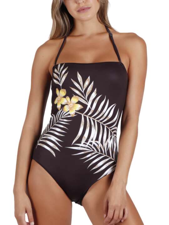 11345AD Maillot de bain 1 pièce bustier Ethnic Leaves Admas Noir face