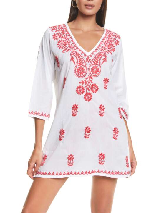 BC067SE Short embroidered beach tunic Complementos Selmark Mare Coral face