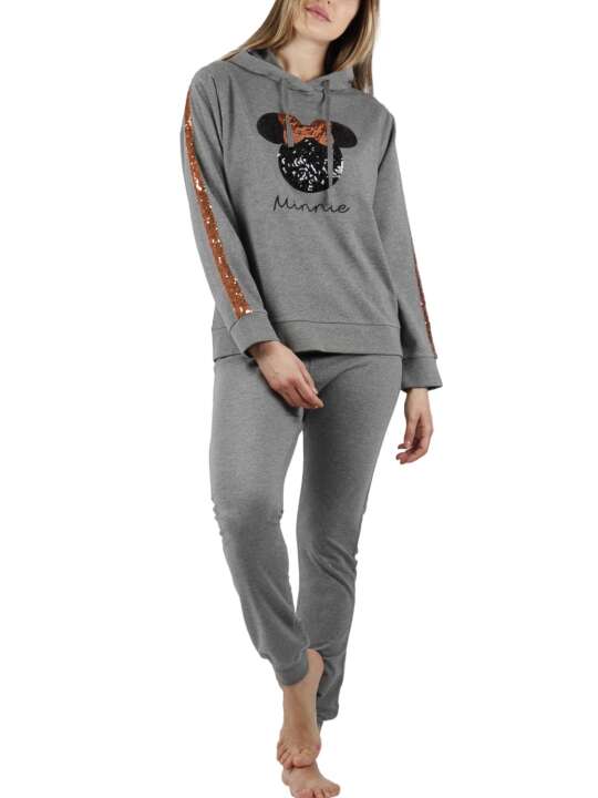 56967AD Pyjamas indoor outfit trousers hooded top Minnie Sequins Disney Admas Grey face