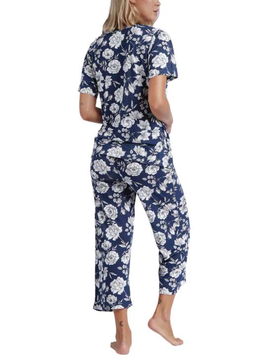 60133AD Pyjama tenue d'intérieur pantalon palazzo top cache-coeur Navy Flowers Admas Bleu Marine face
