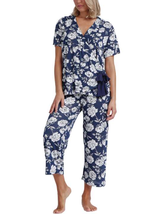 60133AD Pyjama tenue d'intérieur pantalon palazzo top cache-coeur Navy Flowers Admas Bleu Marine face