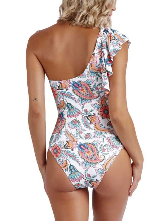 11361AD Maillot de bain une pièce asymétrique à volants White Paisley Admas Blanc face