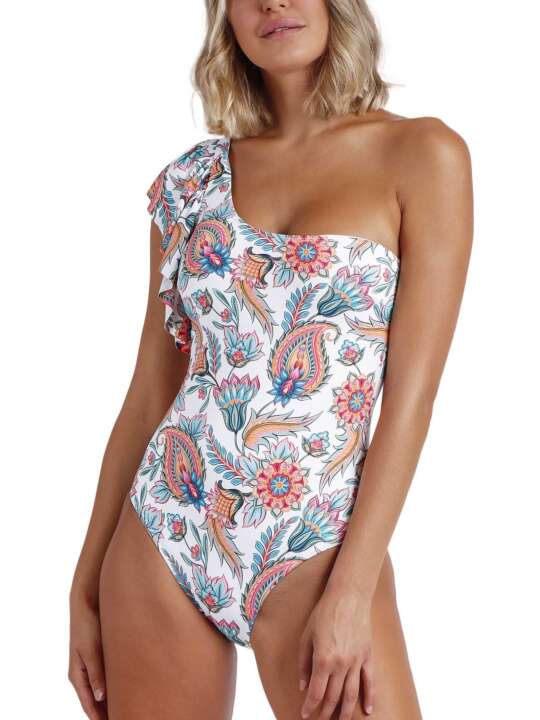 11361AD Maillot de bain une pièce asymétrique à volants White Paisley Admas Blanc face