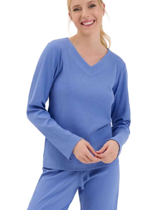 63461LI Haut pyjama top col V manches longues Lucky Lisca Cheek Bleu face