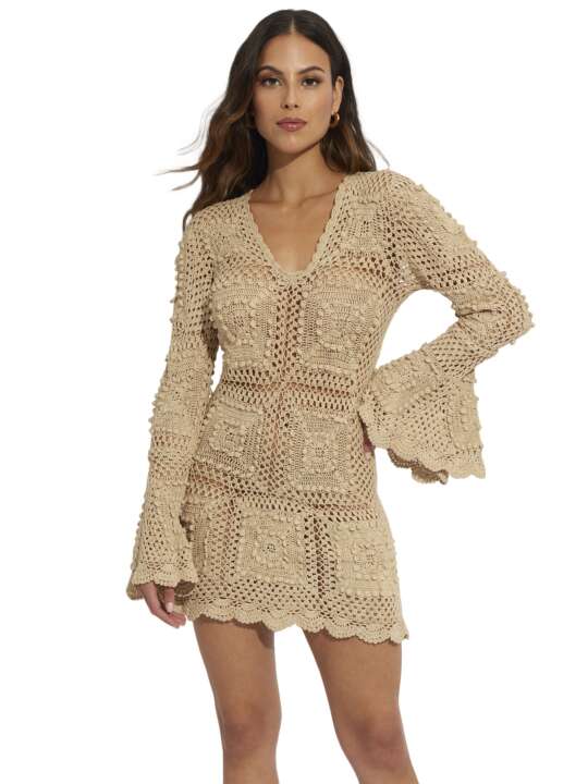BC079SE Short beach tunic long sleeves Complementos Selmark Mare Beige face