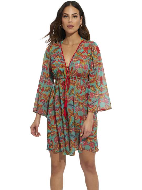 BJ695SE Long-sleeved beach tunic Polinesia Selmark Mare Turquoise face