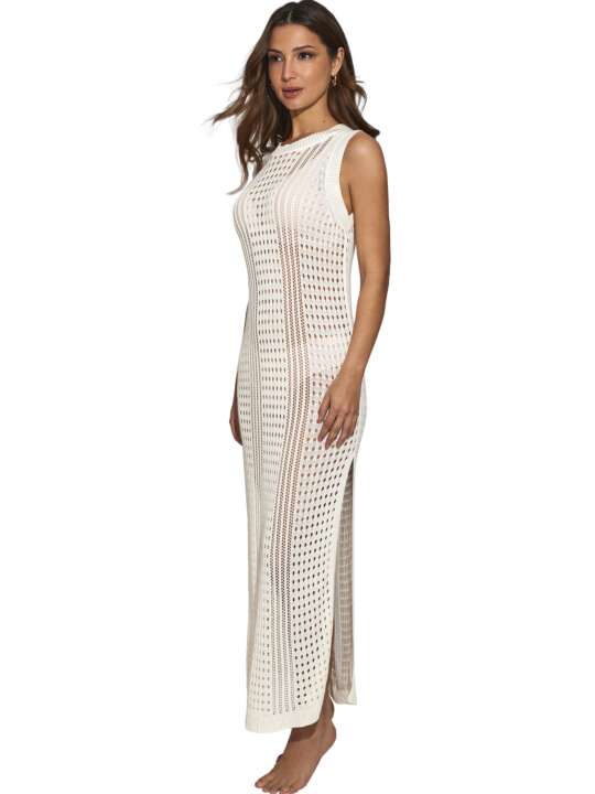BC077SE Robe longue de plage tricotée sans manches Complementos Selmark Mare Blanc face