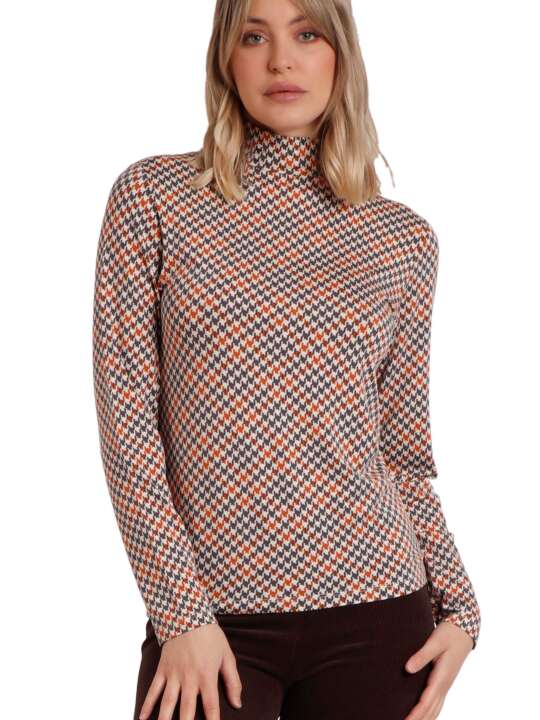43567AD Top manches longues col montant Houndstooth Admas Marron face