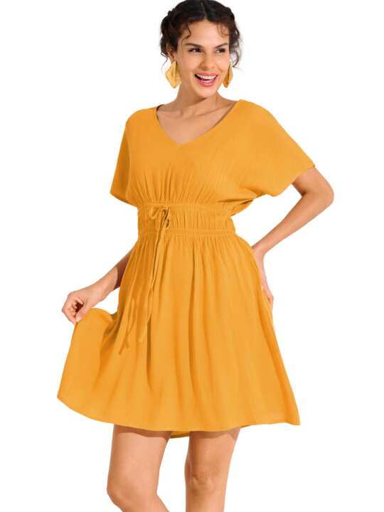 49584LI Short-sleeved beach dress KARPATHOS Lisca Cheek Yellow face