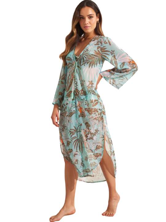 BL997SE Mid-length beach kimono AMAZONIA Selmark Mare Turquoise face